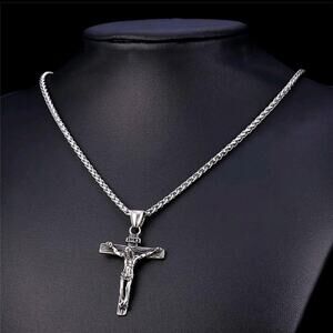 Silver Cross Crucifix INRI Necklace Jesus Men's Anniversary Birthday Gift NEW